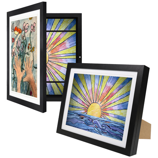 [2-Pack] Kids Artwork Frames Changeable 10x12.5 by Three Orchids w Easels, Hangers, 2 Mats Fit 9x12, 8.5x11, A4, Storage for 100 Sheets